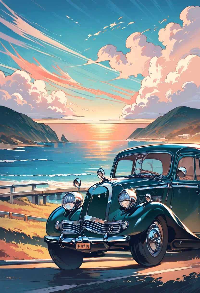 Vintage Coastal Drive — view 1 — vintage car, coastal highway, sunset drive, classic design, ocean view, road trip, detailed chrome trim, masterpiece, hi