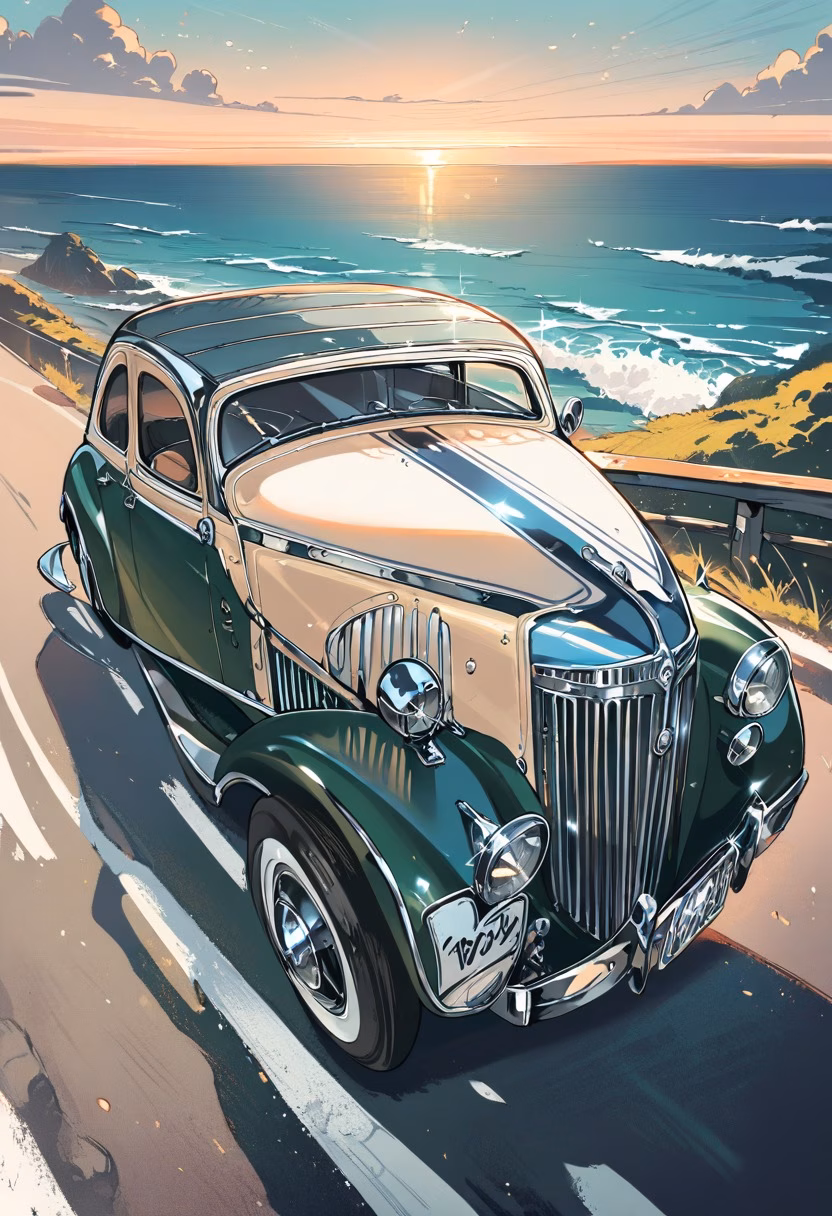 Vintage Coastal Drive — view 2 — vintage car, coastal highway, sunset drive, classic design, ocean view, road trip, detailed chrome trim, masterpiece, hi