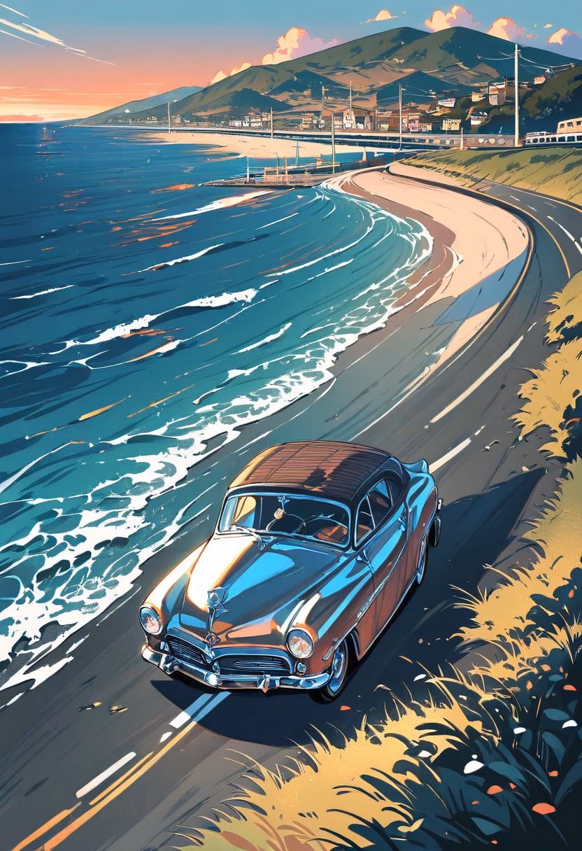Vintage Coastal Drive — view 3 — vintage car, coastal highway, sunset drive, classic design, ocean view, road trip, detailed chrome trim, masterpiece, hi