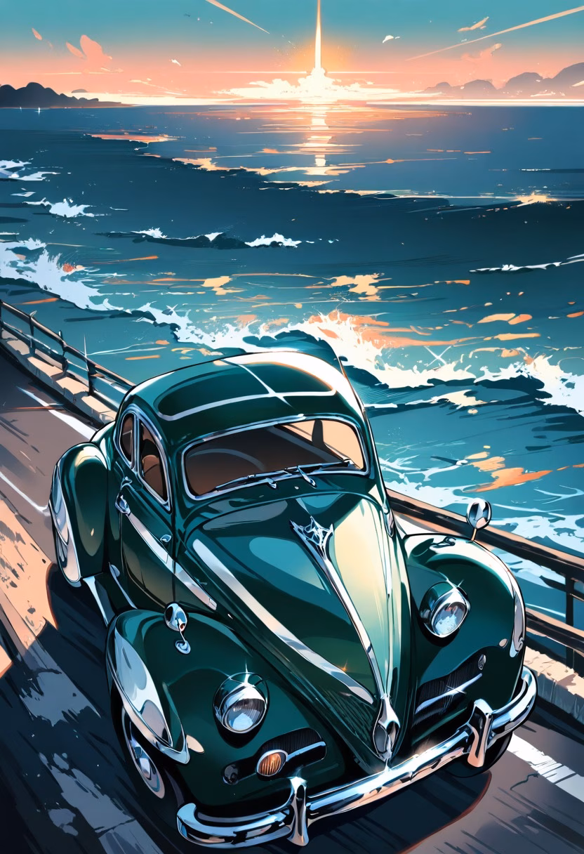 Vintage Coastal Drive — view 4 — vintage car, coastal highway, sunset drive, classic design, ocean view, road trip, detailed chrome trim, masterpiece, hi