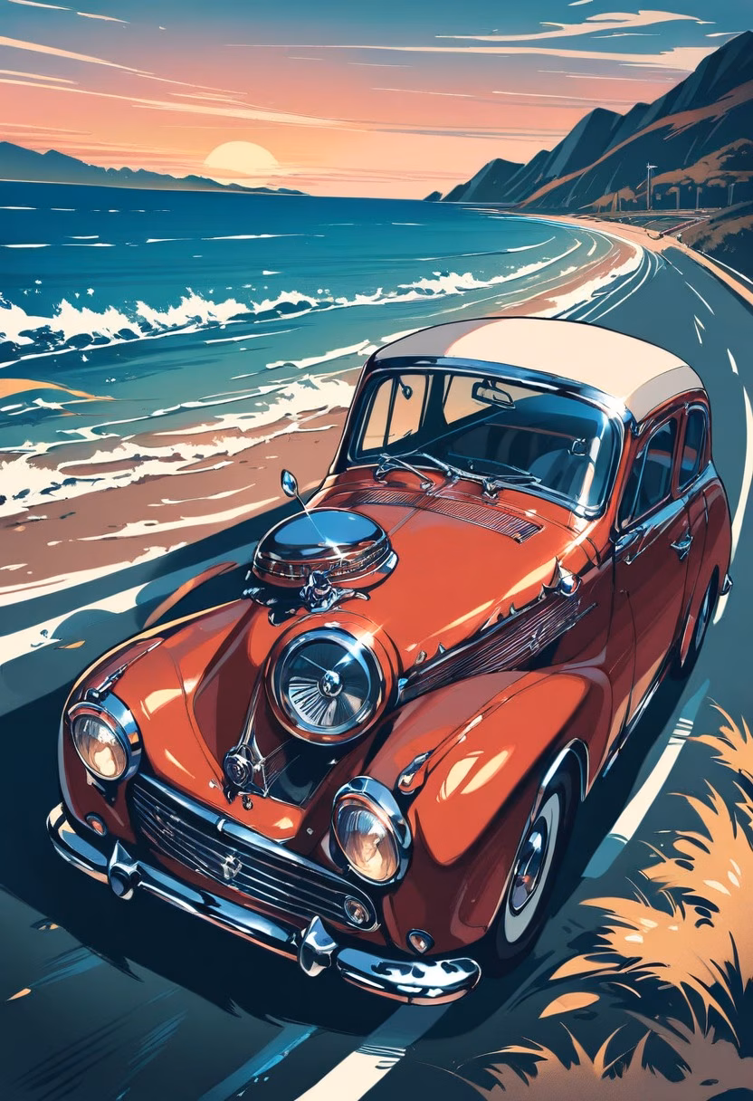 Vintage Coastal Drive — view 5 — vintage car, coastal highway, sunset drive, classic design, ocean view, road trip, detailed chrome trim, masterpiece, hi