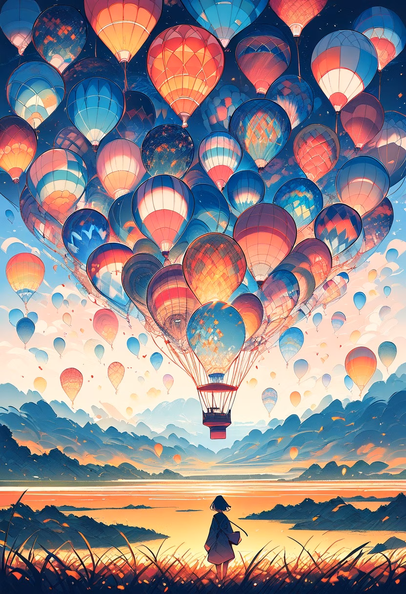 Balloon Festival Morning — view 1 — hot air balloon festival, dozens of balloons, morning sky, field launch site, colorful, travel, detailed balloon pattern