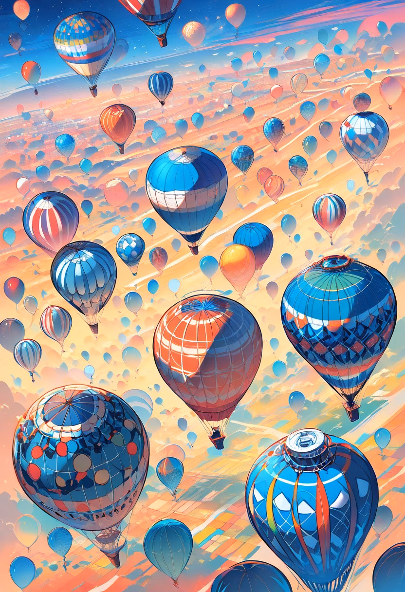 Balloon Festival Morning — view 2 — hot air balloon festival, dozens of balloons, morning sky, field launch site, colorful, travel, detailed balloon pattern