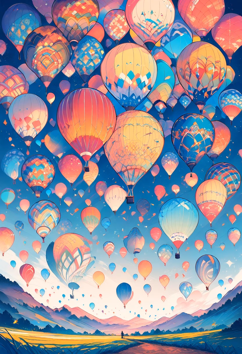 Balloon Festival Morning — view 3 — hot air balloon festival, dozens of balloons, morning sky, field launch site, colorful, travel, detailed balloon pattern