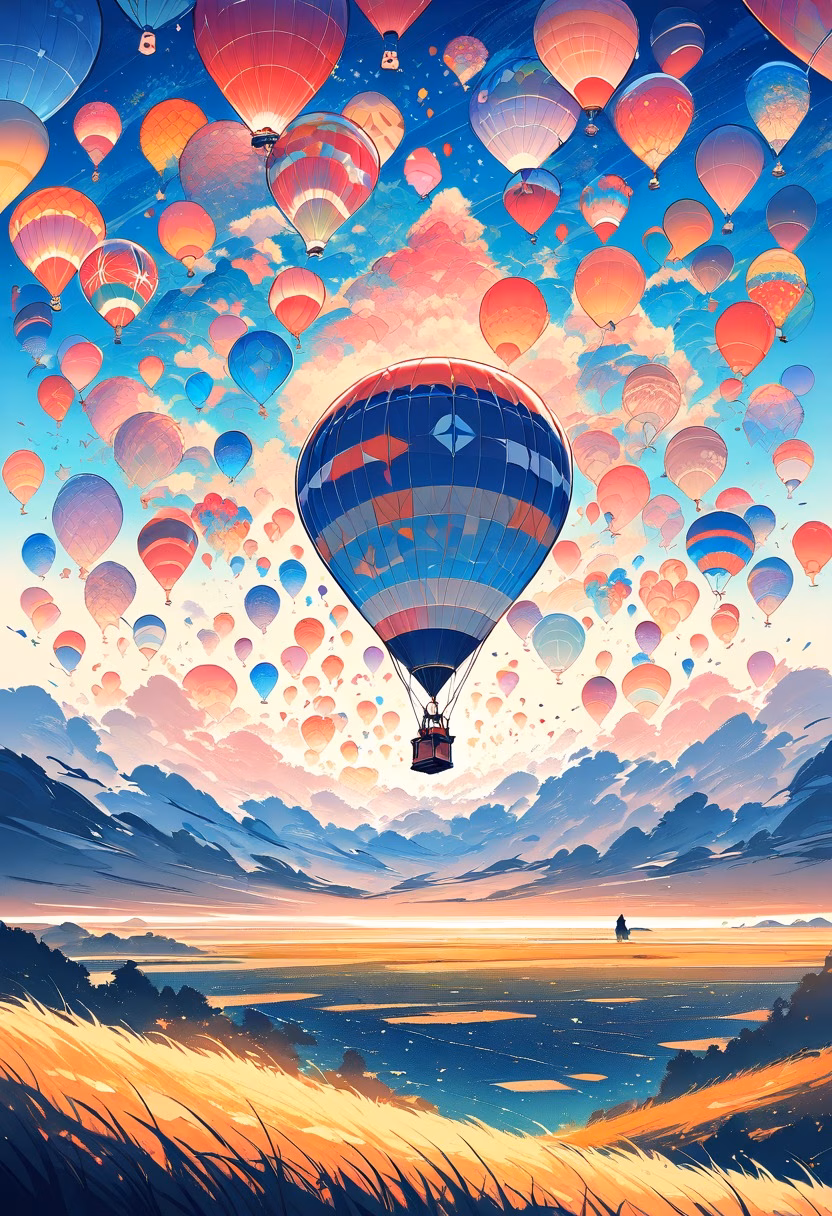 Balloon Festival Morning — view 4 — hot air balloon festival, dozens of balloons, morning sky, field launch site, colorful, travel, detailed balloon pattern