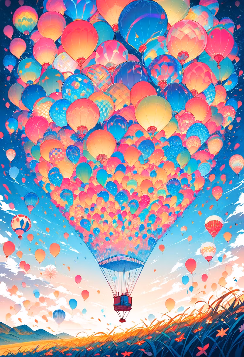 Balloon Festival Morning — view 5 — hot air balloon festival, dozens of balloons, morning sky, field launch site, colorful, travel, detailed balloon pattern