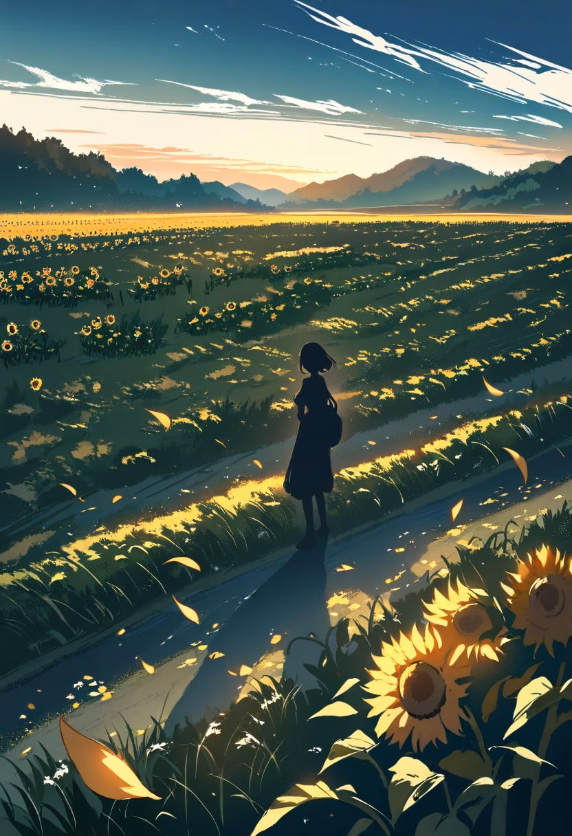 Golden Hour Sunflowers — view 1 — field of sunflowers at golden hour, long shadows, warm light, rolling hills, farmland, summer evening, nature, detailed 