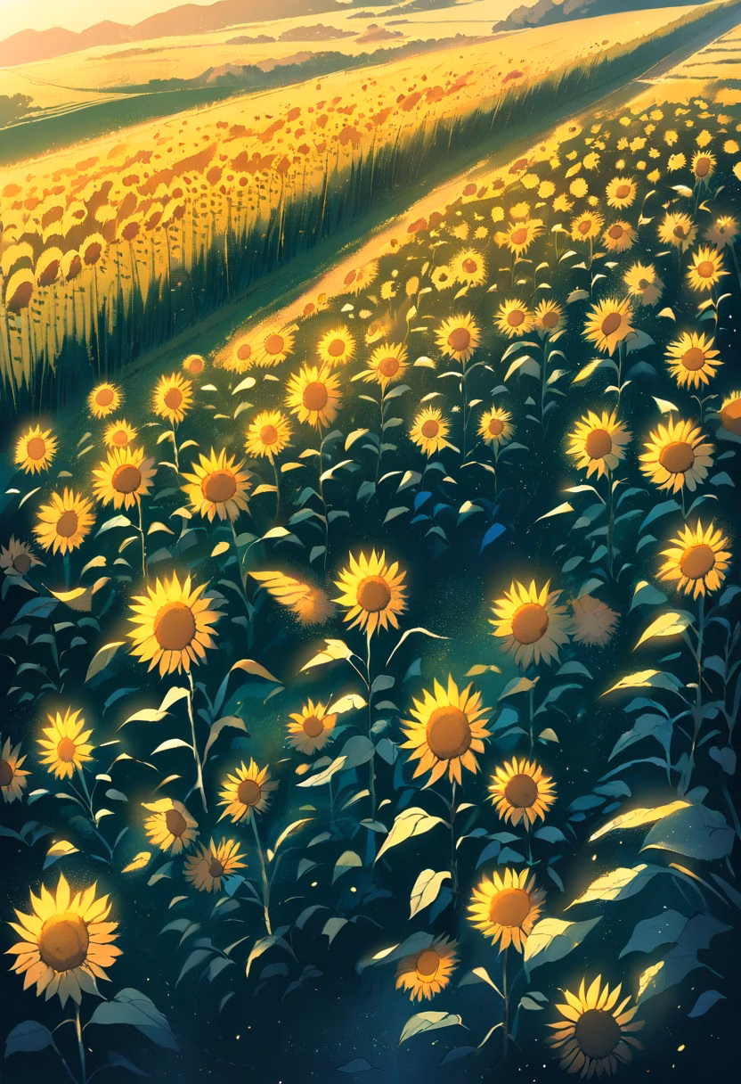 Golden Hour Sunflowers — view 2 — field of sunflowers at golden hour, long shadows, warm light, rolling hills, farmland, summer evening, nature, detailed 