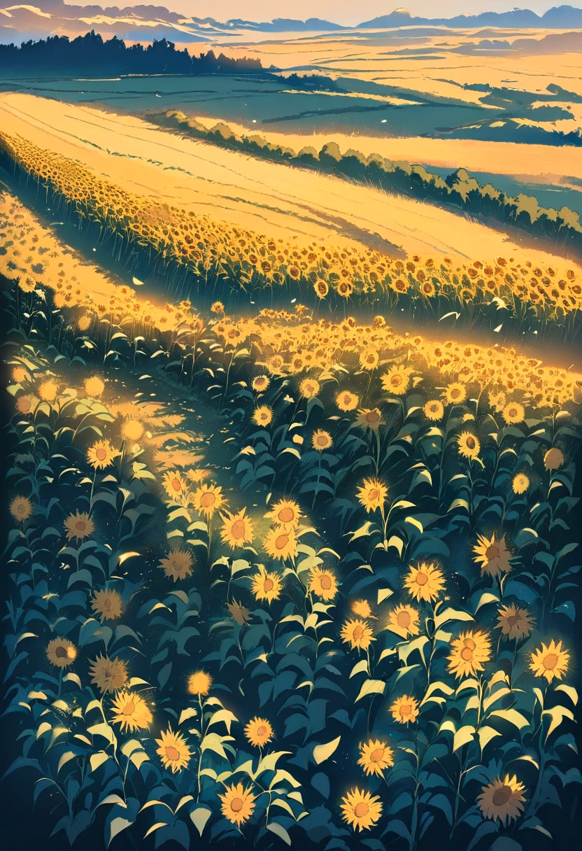 Golden Hour Sunflowers — view 3 — field of sunflowers at golden hour, long shadows, warm light, rolling hills, farmland, summer evening, nature, detailed 