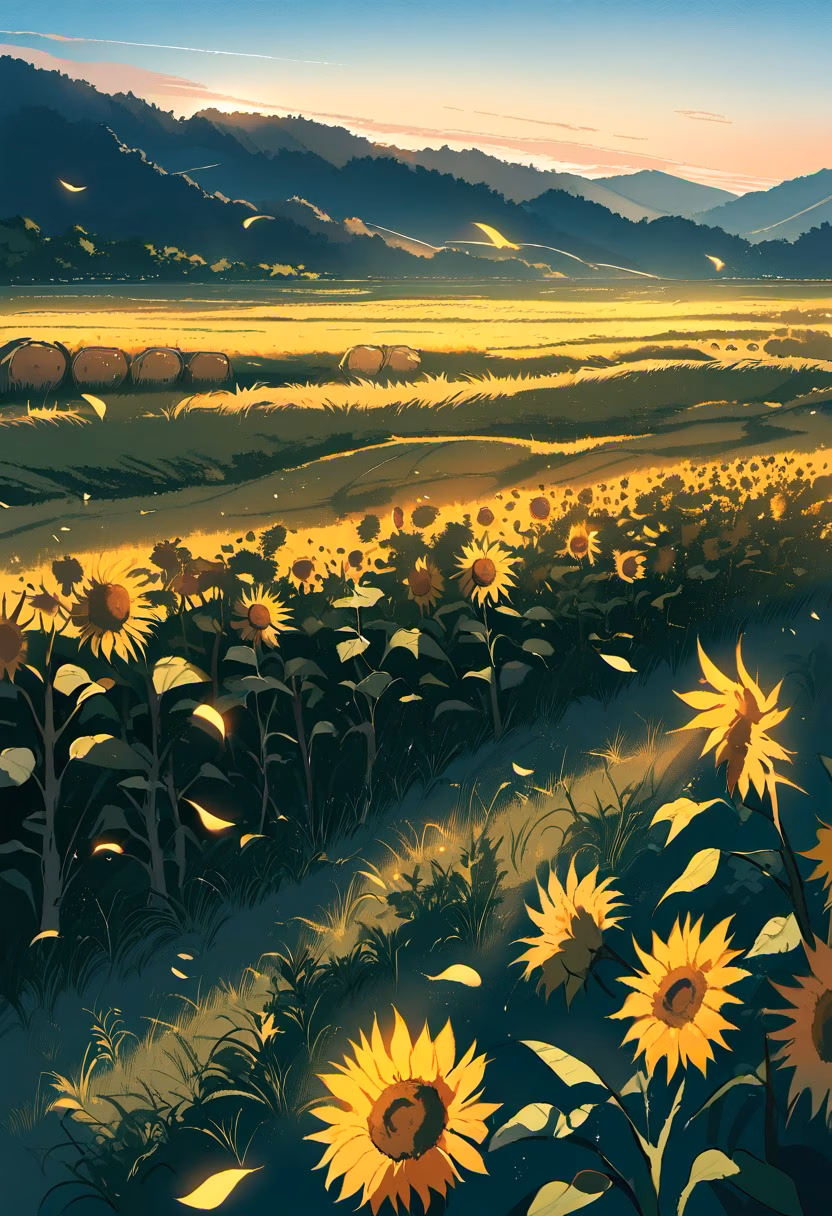 Golden Hour Sunflowers — view 4 — field of sunflowers at golden hour, long shadows, warm light, rolling hills, farmland, summer evening, nature, detailed 