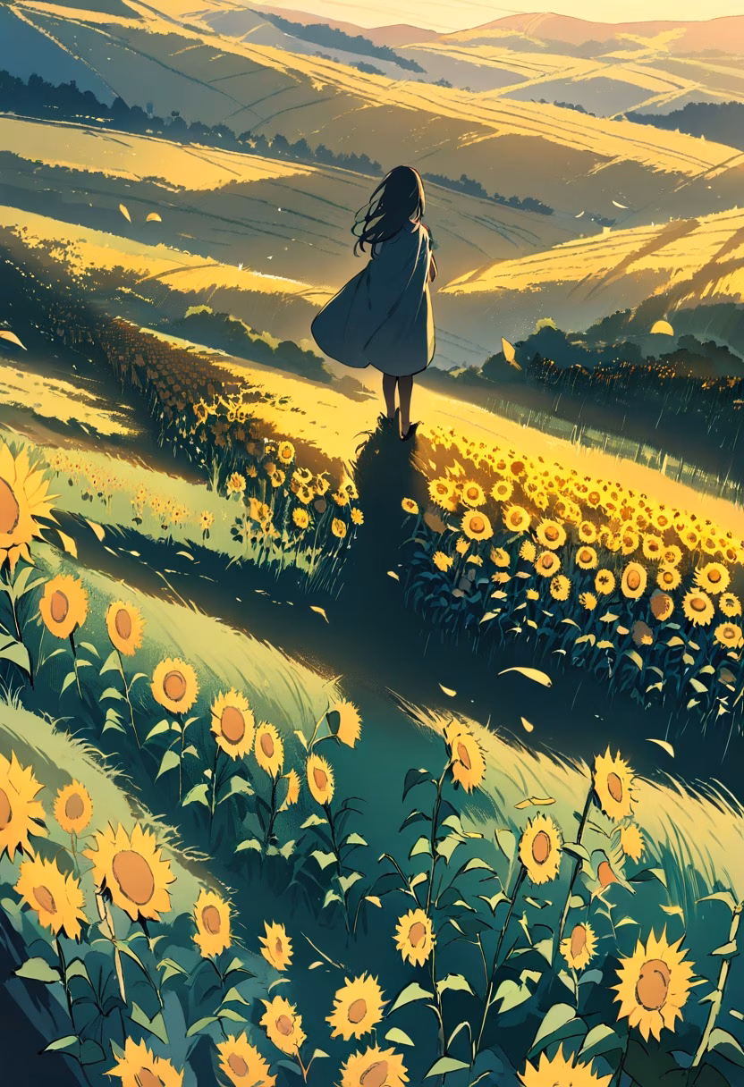 Golden Hour Sunflowers — view 5 — field of sunflowers at golden hour, long shadows, warm light, rolling hills, farmland, summer evening, nature, detailed 