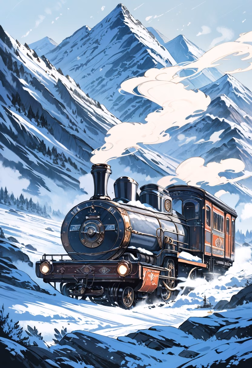 Steam Train Mountain Pass — view 1 — steam locomotive, mountain pass, snow scenery, vintage train, smoke trailing, travel, detailed metalwork, masterpiece, h