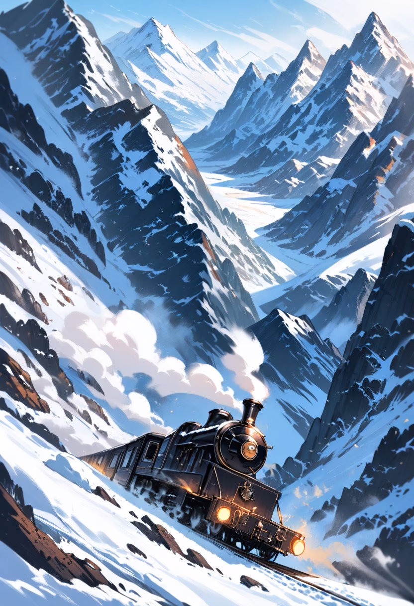 Steam Train Mountain Pass — view 2 — steam locomotive, mountain pass, snow scenery, vintage train, smoke trailing, travel, detailed metalwork, masterpiece, h