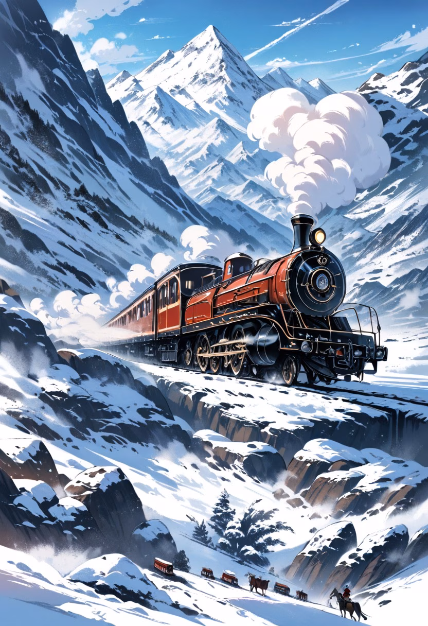 Steam Train Mountain Pass — view 3 — steam locomotive, mountain pass, snow scenery, vintage train, smoke trailing, travel, detailed metalwork, masterpiece, h