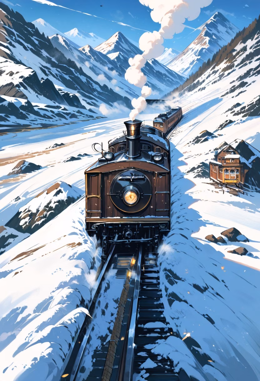 Steam Train Mountain Pass — view 4 — steam locomotive, mountain pass, snow scenery, vintage train, smoke trailing, travel, detailed metalwork, masterpiece, h