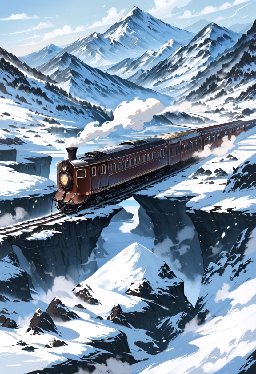 Steam Train Mountain Pass — view 5 — steam locomotive, mountain pass, snow scenery, vintage train, smoke trailing, travel, detailed metalwork, masterpiece, h