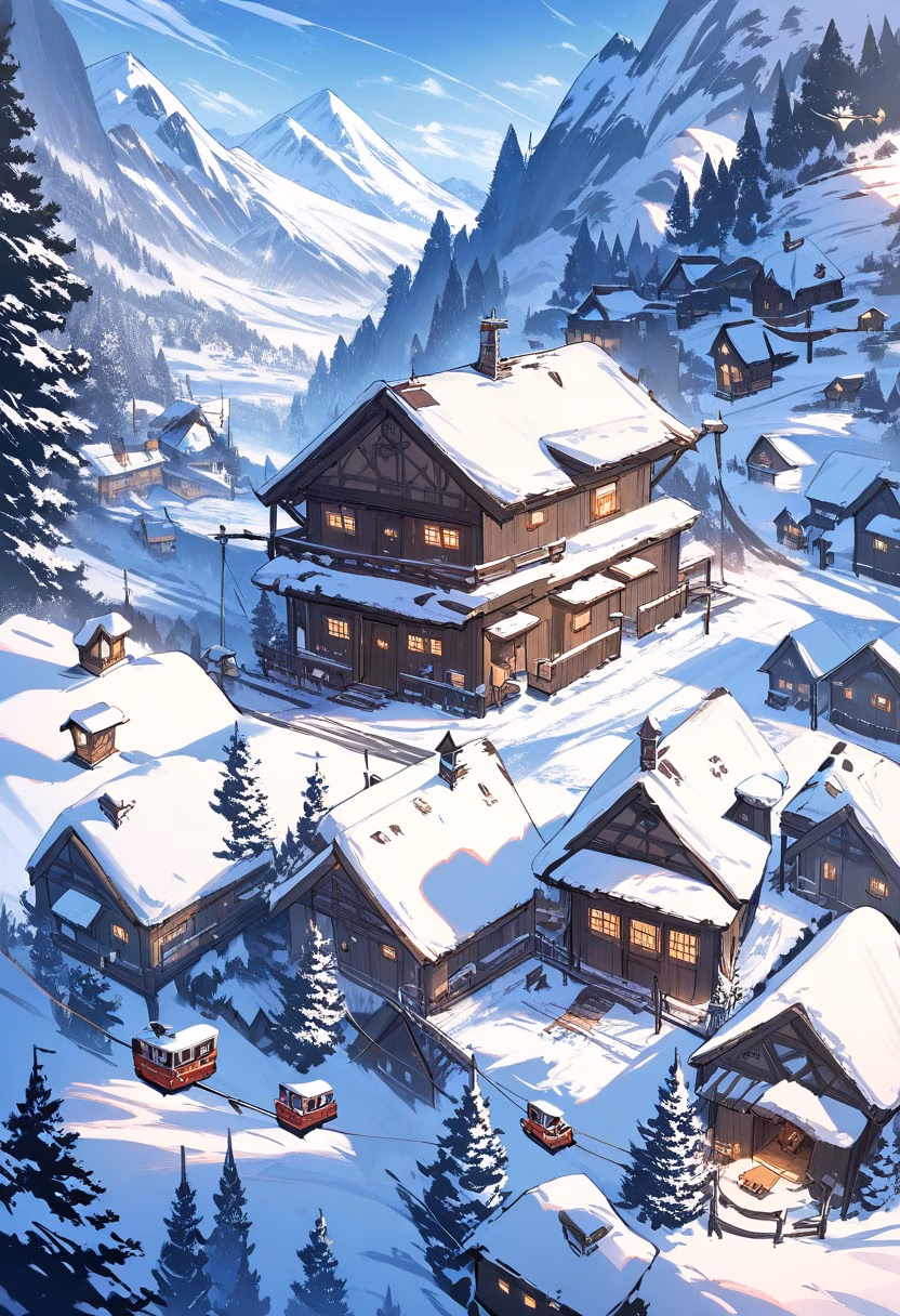 Alpine Cable Car — view 1 — cable car, alpine village, snowy peaks, cables stretching across valley, winter, travel, detailed cabin design, masterpi
