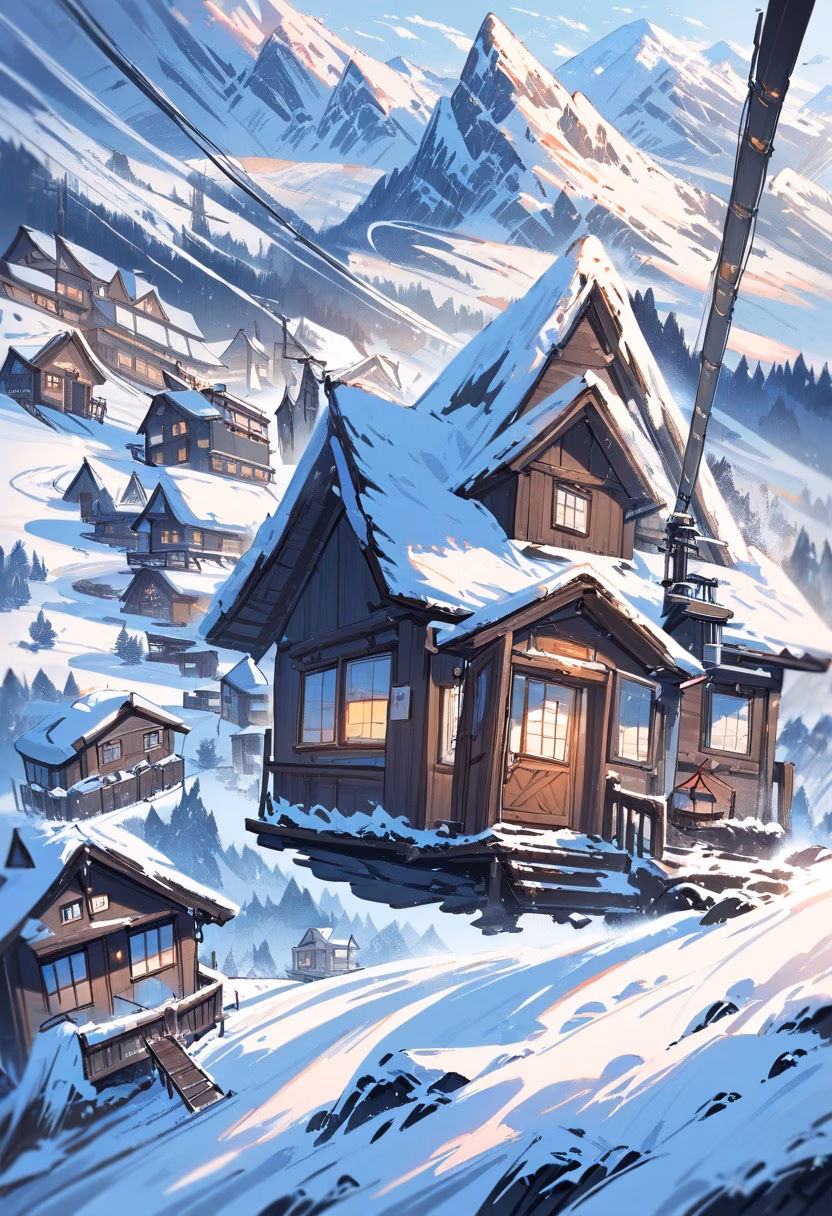 Alpine Cable Car — view 2 — cable car, alpine village, snowy peaks, cables stretching across valley, winter, travel, detailed cabin design, masterpi