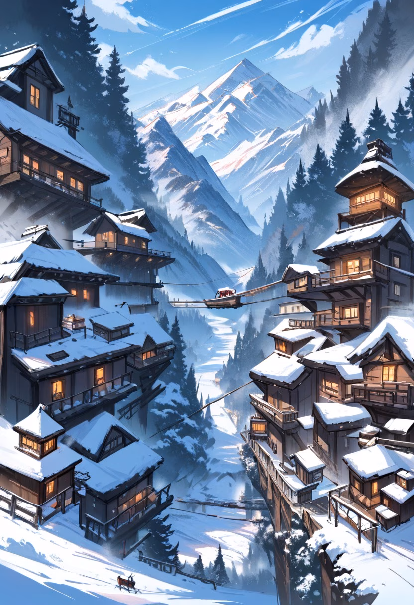 Alpine Cable Car — view 3 — cable car, alpine village, snowy peaks, cables stretching across valley, winter, travel, detailed cabin design, masterpi