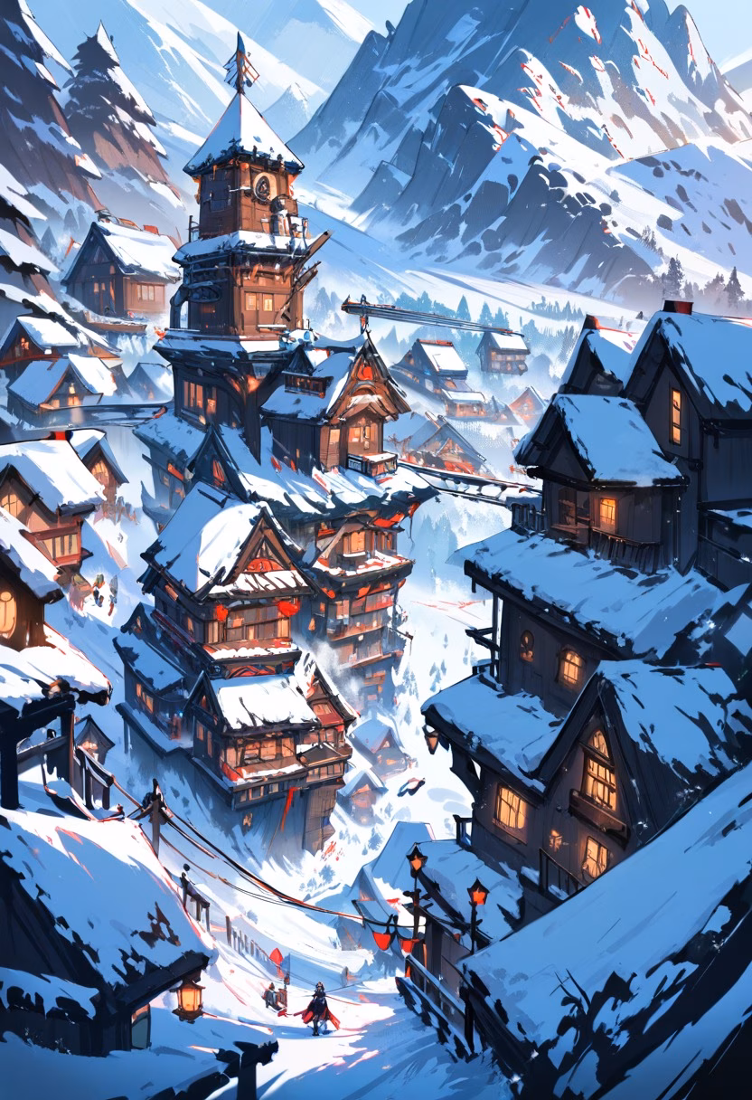 Alpine Cable Car — view 4 — cable car, alpine village, snowy peaks, cables stretching across valley, winter, travel, detailed cabin design, masterpi