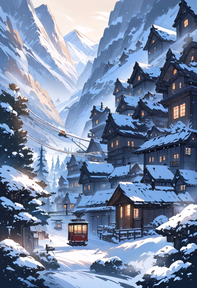 Alpine Cable Car — view 5 — cable car, alpine village, snowy peaks, cables stretching across valley, winter, travel, detailed cabin design, masterpi