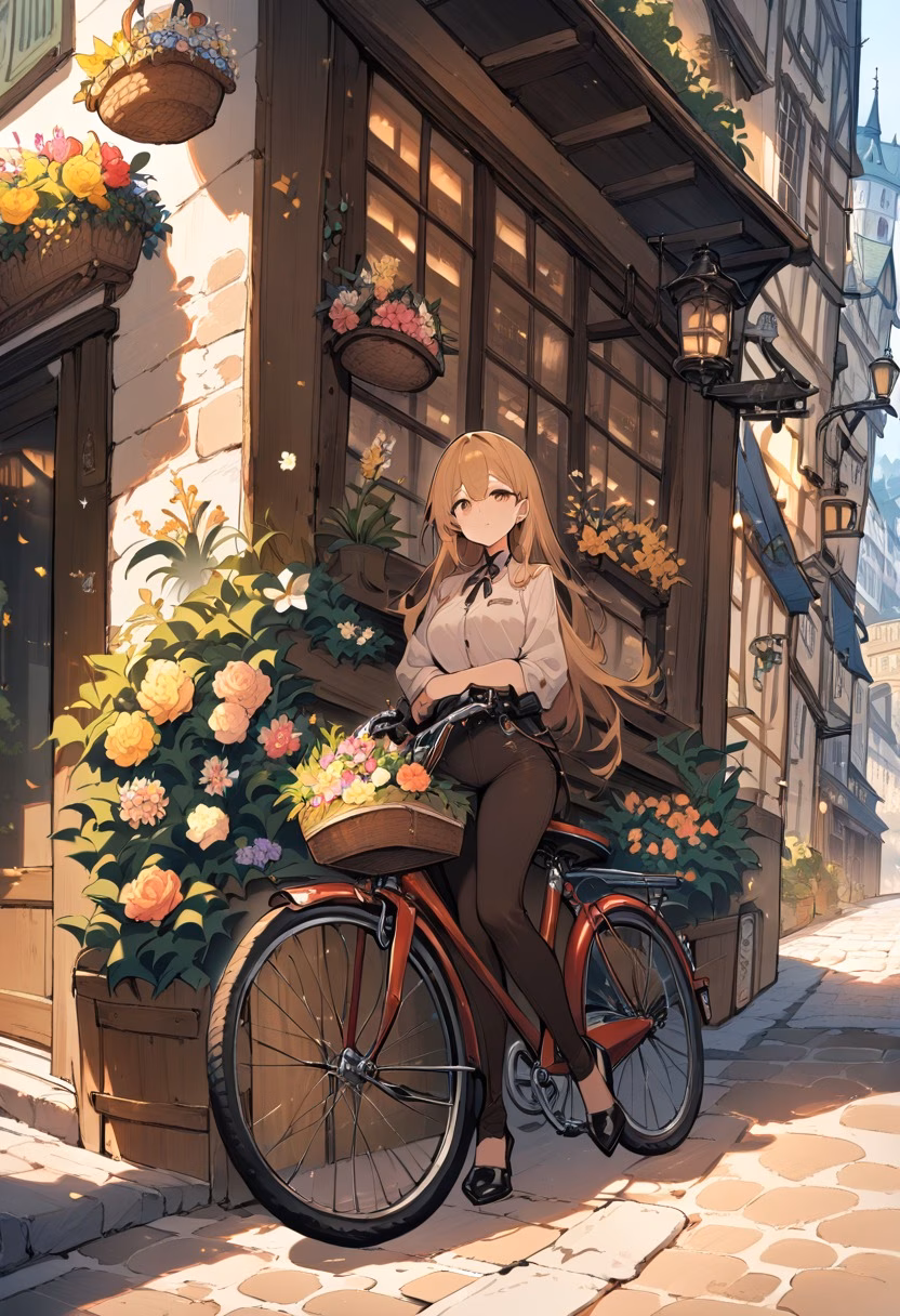 Flower Basket Bicycle — view 1 — bicycle leaning on wall, flower basket, cobblestone street, european town, charming, detailed basket flowers, masterpiec