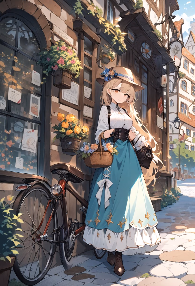 Flower Basket Bicycle — view 2 — bicycle leaning on wall, flower basket, cobblestone street, european town, charming, detailed basket flowers, masterpiec