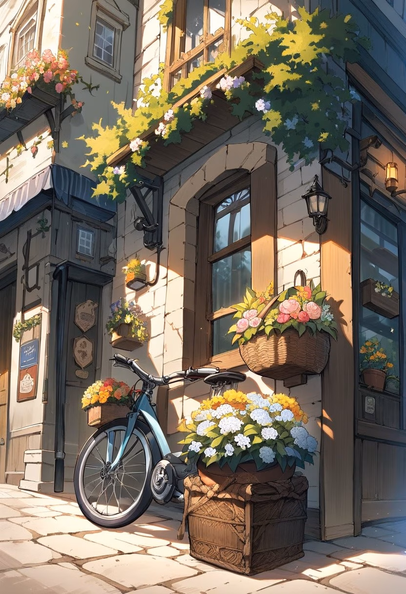 Flower Basket Bicycle — view 3 — bicycle leaning on wall, flower basket, cobblestone street, european town, charming, detailed basket flowers, masterpiec
