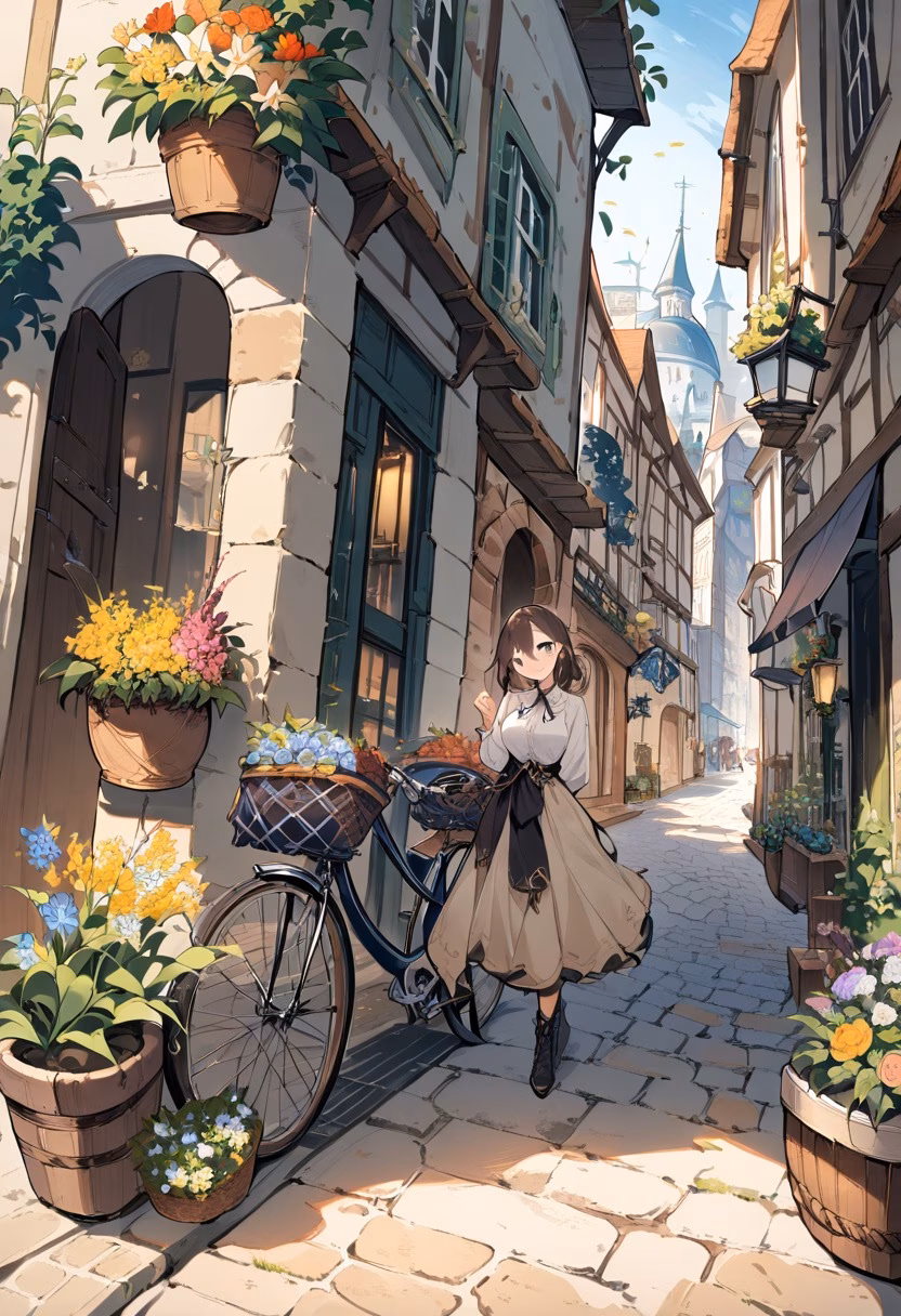 Flower Basket Bicycle — view 4 — bicycle leaning on wall, flower basket, cobblestone street, european town, charming, detailed basket flowers, masterpiec