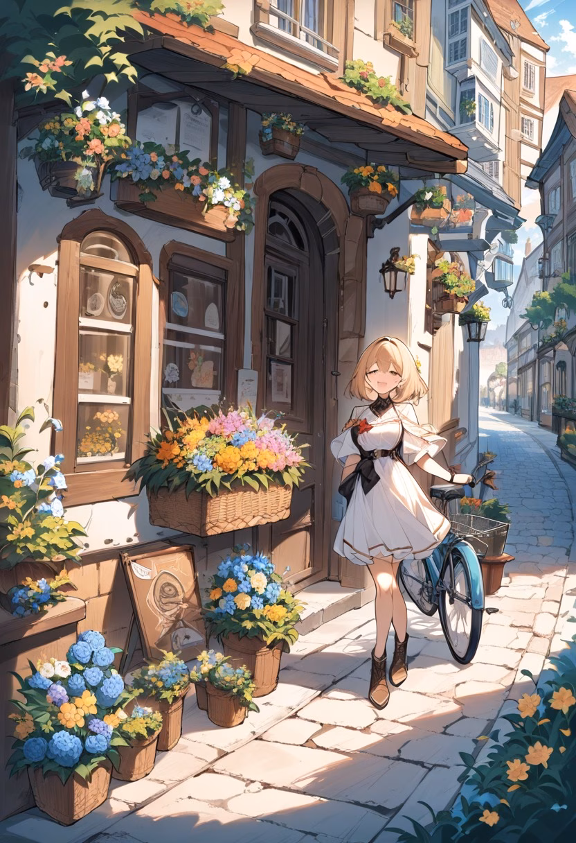 Flower Basket Bicycle — view 5 — bicycle leaning on wall, flower basket, cobblestone street, european town, charming, detailed basket flowers, masterpiec