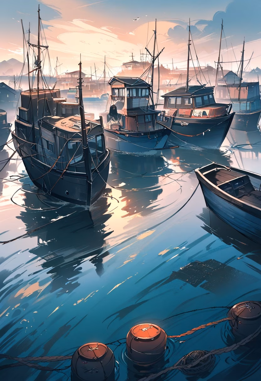 Foggy Harbor Fishing Boat — view 1 — small fishing boat, calm harbor, morning fog, nets and buoys, coastal village, detailed water ripples, masterpiece, high