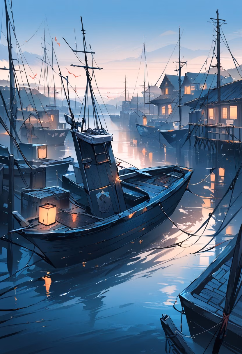 Foggy Harbor Fishing Boat — view 2 — small fishing boat, calm harbor, morning fog, nets and buoys, coastal village, detailed water ripples, masterpiece, high