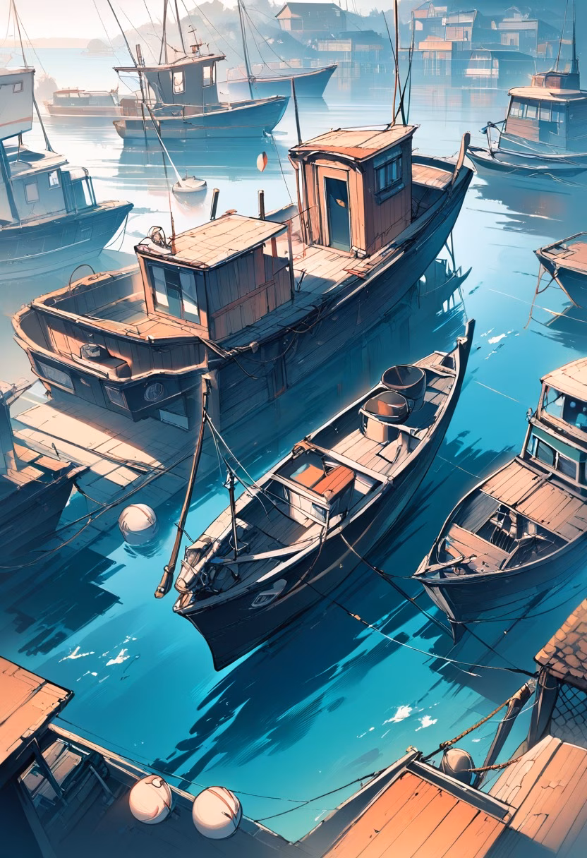 Foggy Harbor Fishing Boat — view 3 — small fishing boat, calm harbor, morning fog, nets and buoys, coastal village, detailed water ripples, masterpiece, high