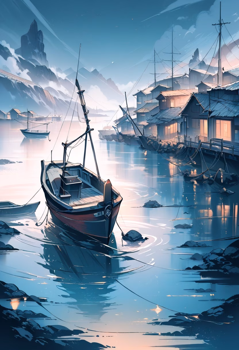 Foggy Harbor Fishing Boat — view 5 — small fishing boat, calm harbor, morning fog, nets and buoys, coastal village, detailed water ripples, masterpiece, high