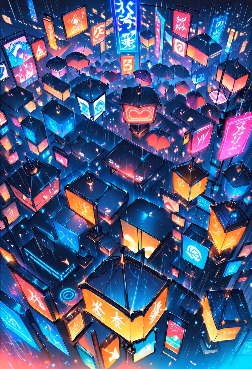 Neon Tokyo Crossing — view 2 — tokyo crossing at night, neon signs, crowd of umbrellas, rain reflections, vibrant colors, urban, detailed neon glow, ma