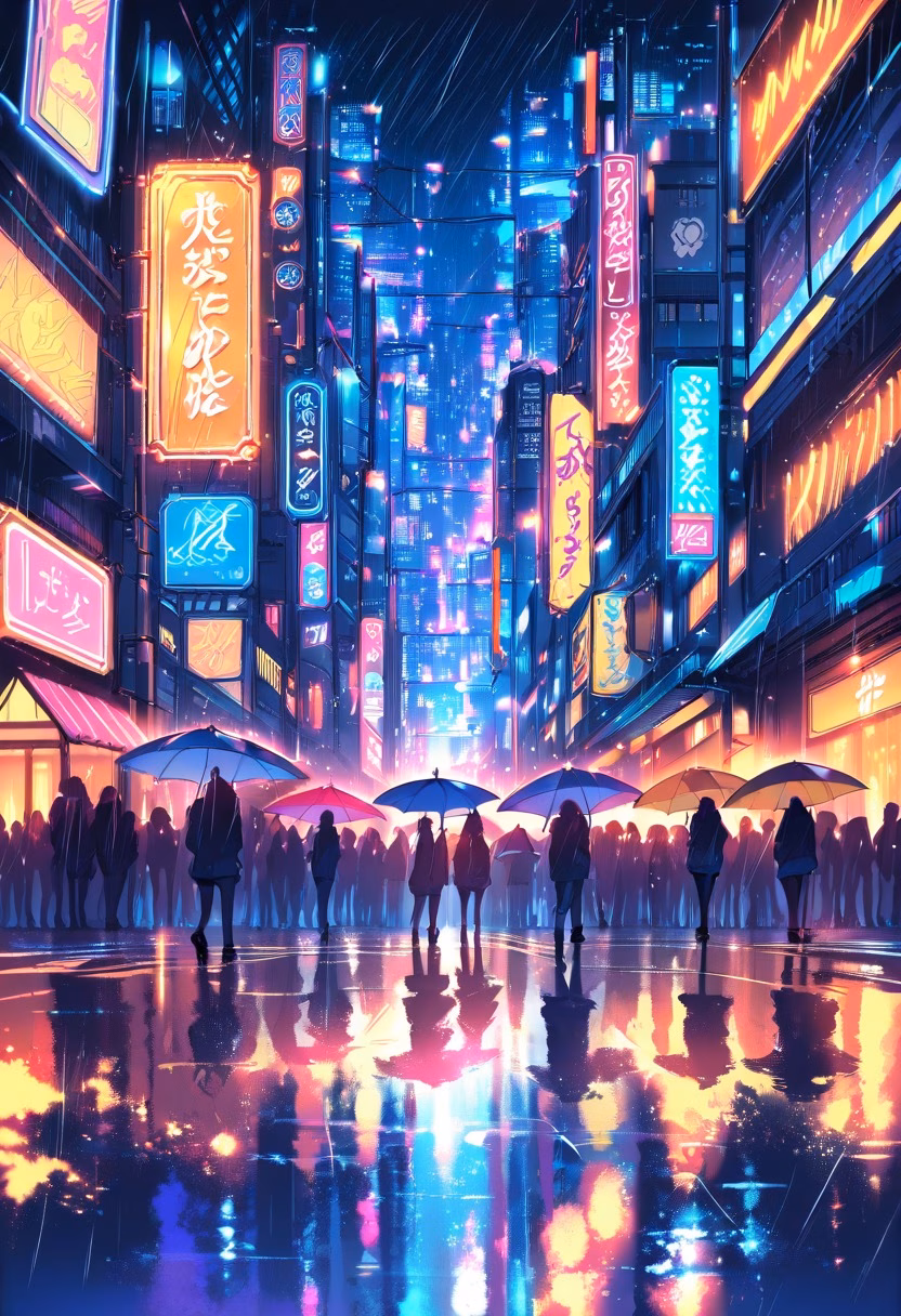 Neon Tokyo Crossing — view 3 — tokyo crossing at night, neon signs, crowd of umbrellas, rain reflections, vibrant colors, urban, detailed neon glow, ma