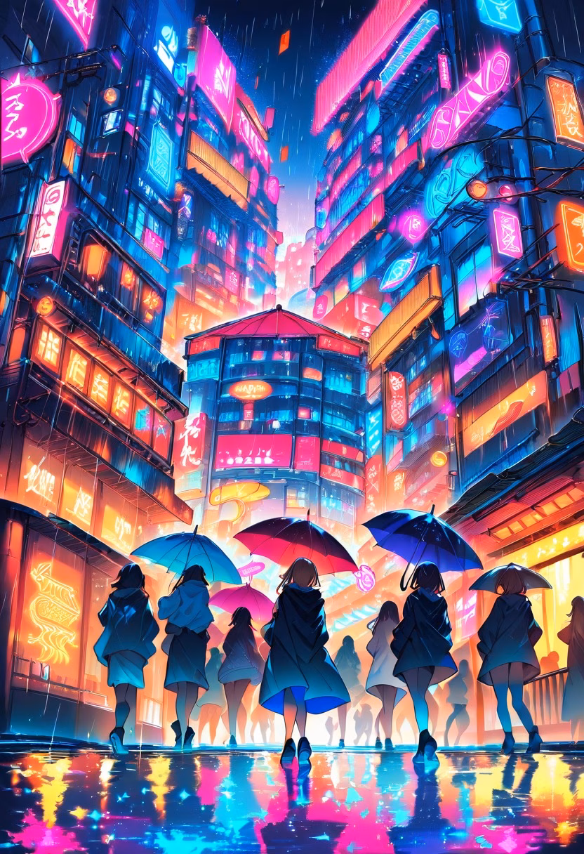 Neon Tokyo Crossing — view 4 — tokyo crossing at night, neon signs, crowd of umbrellas, rain reflections, vibrant colors, urban, detailed neon glow, ma
