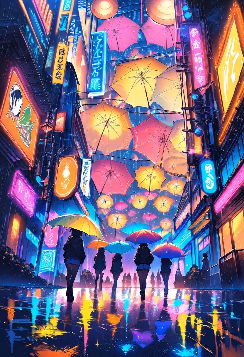 Neon Tokyo Crossing — view 5 — tokyo crossing at night, neon signs, crowd of umbrellas, rain reflections, vibrant colors, urban, detailed neon glow, ma