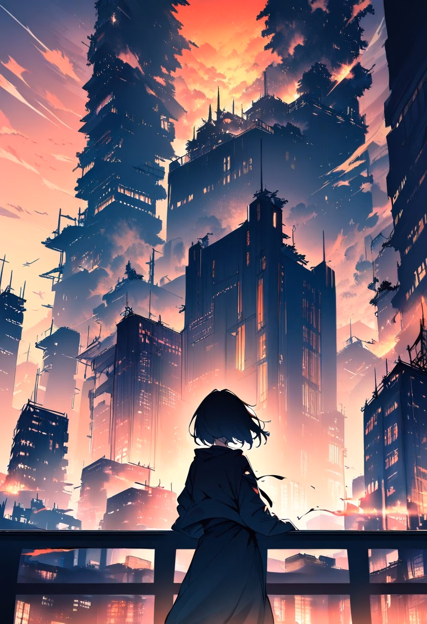 Sunset City Skyline — view 1 — rooftop city view, sunset skyline, silhouetted buildings, warm gradient sky, urban, detailed skyline, masterpiece, high 