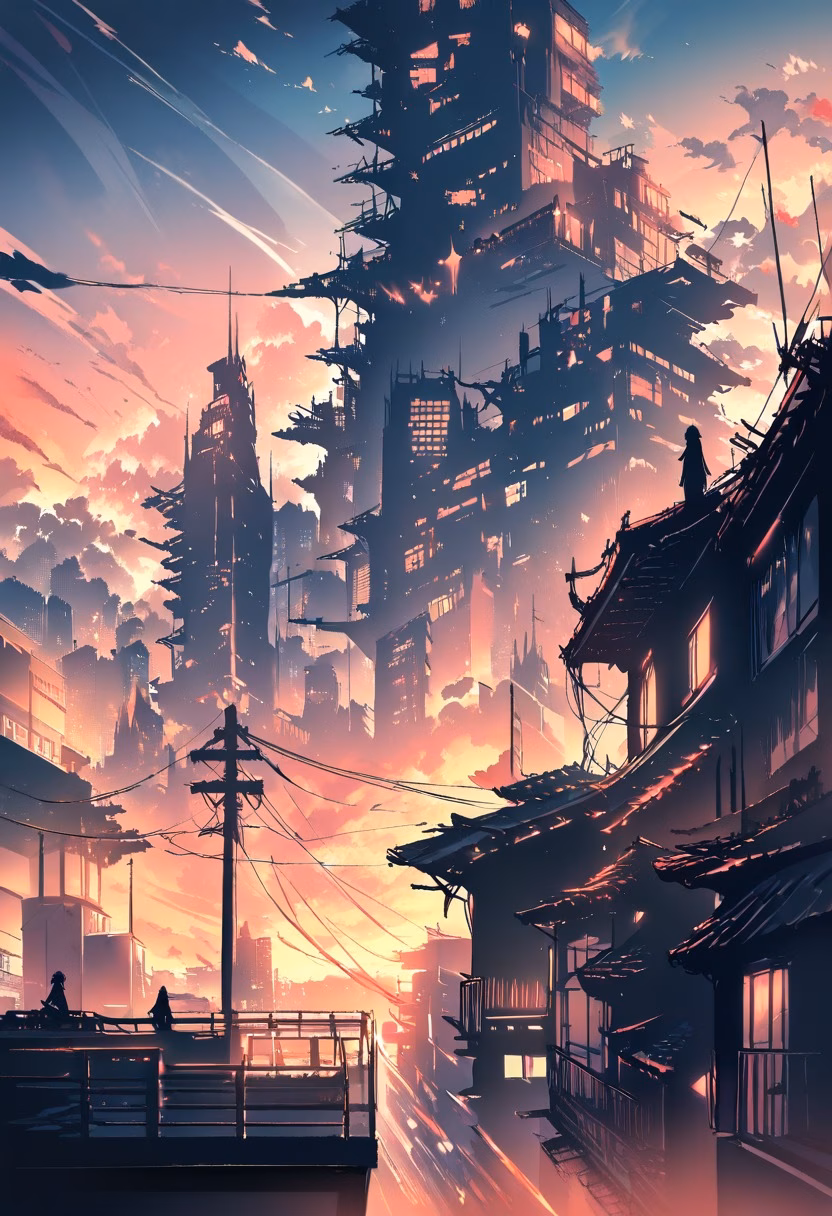 Sunset City Skyline — view 2 — rooftop city view, sunset skyline, silhouetted buildings, warm gradient sky, urban, detailed skyline, masterpiece, high