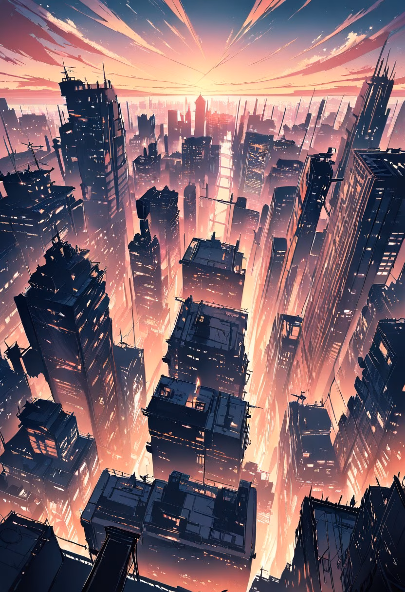 Sunset City Skyline — view 3 — rooftop city view, sunset skyline, silhouetted buildings, warm gradient sky, urban, detailed skyline, masterpiece, high