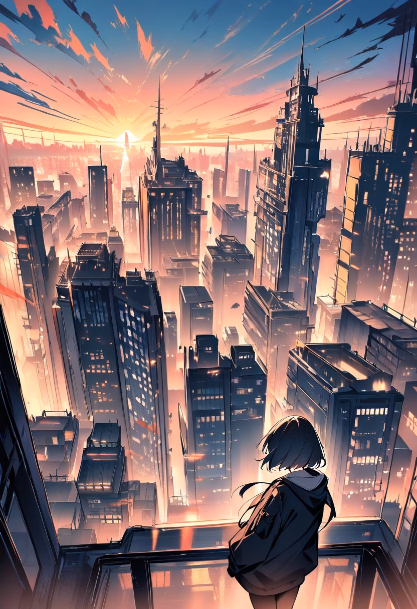 Sunset City Skyline — view 4 — rooftop city view, sunset skyline, silhouetted buildings, warm gradient sky, urban, detailed skyline, masterpiece, high