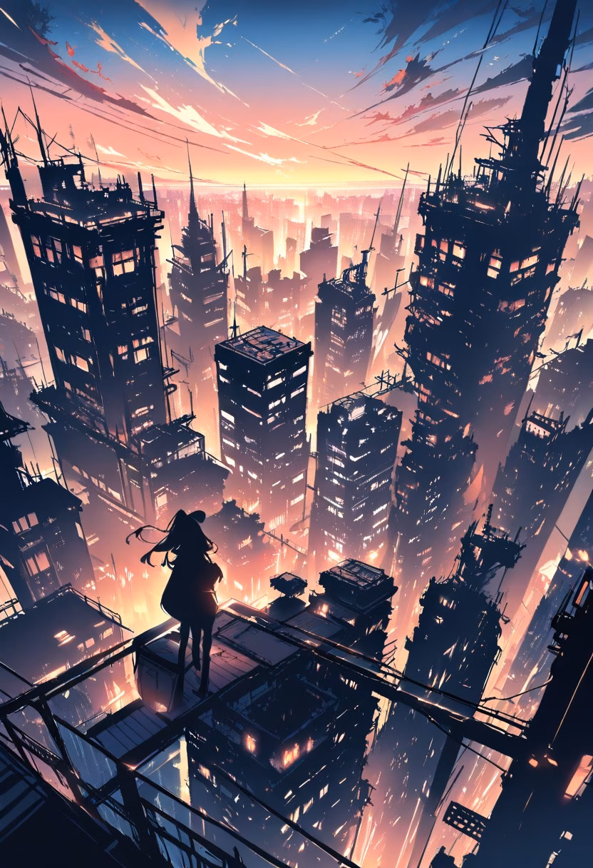 Sunset City Skyline — view 5 — rooftop city view, sunset skyline, silhouetted buildings, warm gradient sky, urban, detailed skyline, masterpiece, high 
