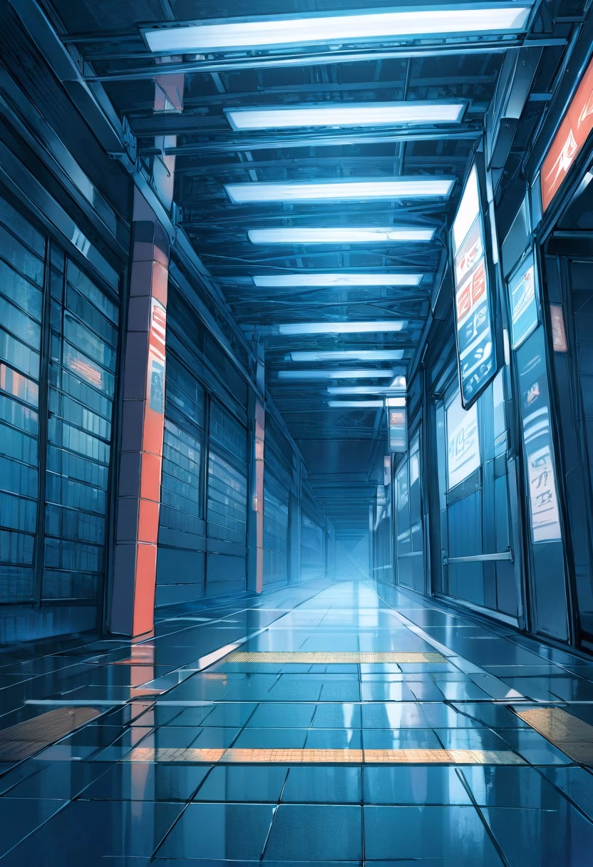 Empty Subway Platform — view 1 — subway station, empty platform, fluorescent lights, tiled walls, urban solitude, detailed tile pattern, masterpiece, hig