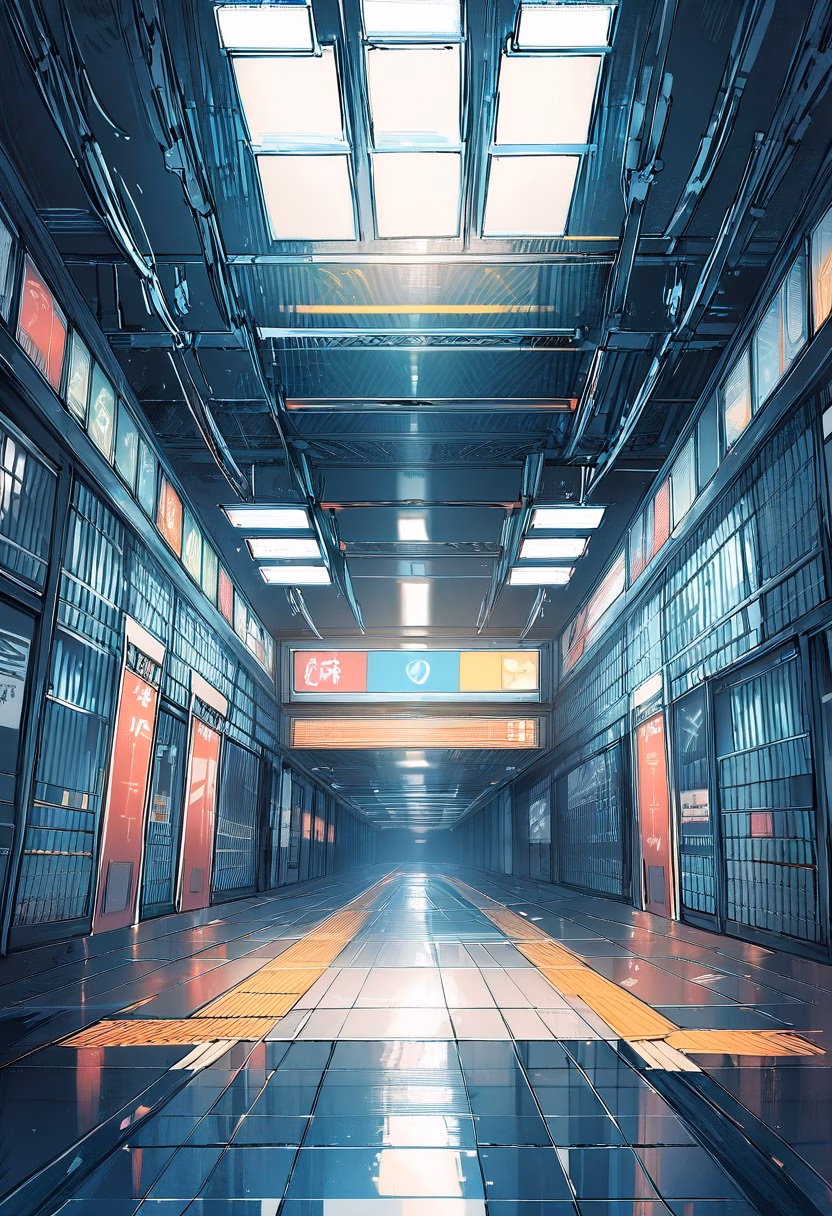 Empty Subway Platform — view 2 — subway station, empty platform, fluorescent lights, tiled walls, urban solitude, detailed tile pattern, masterpiece, hig