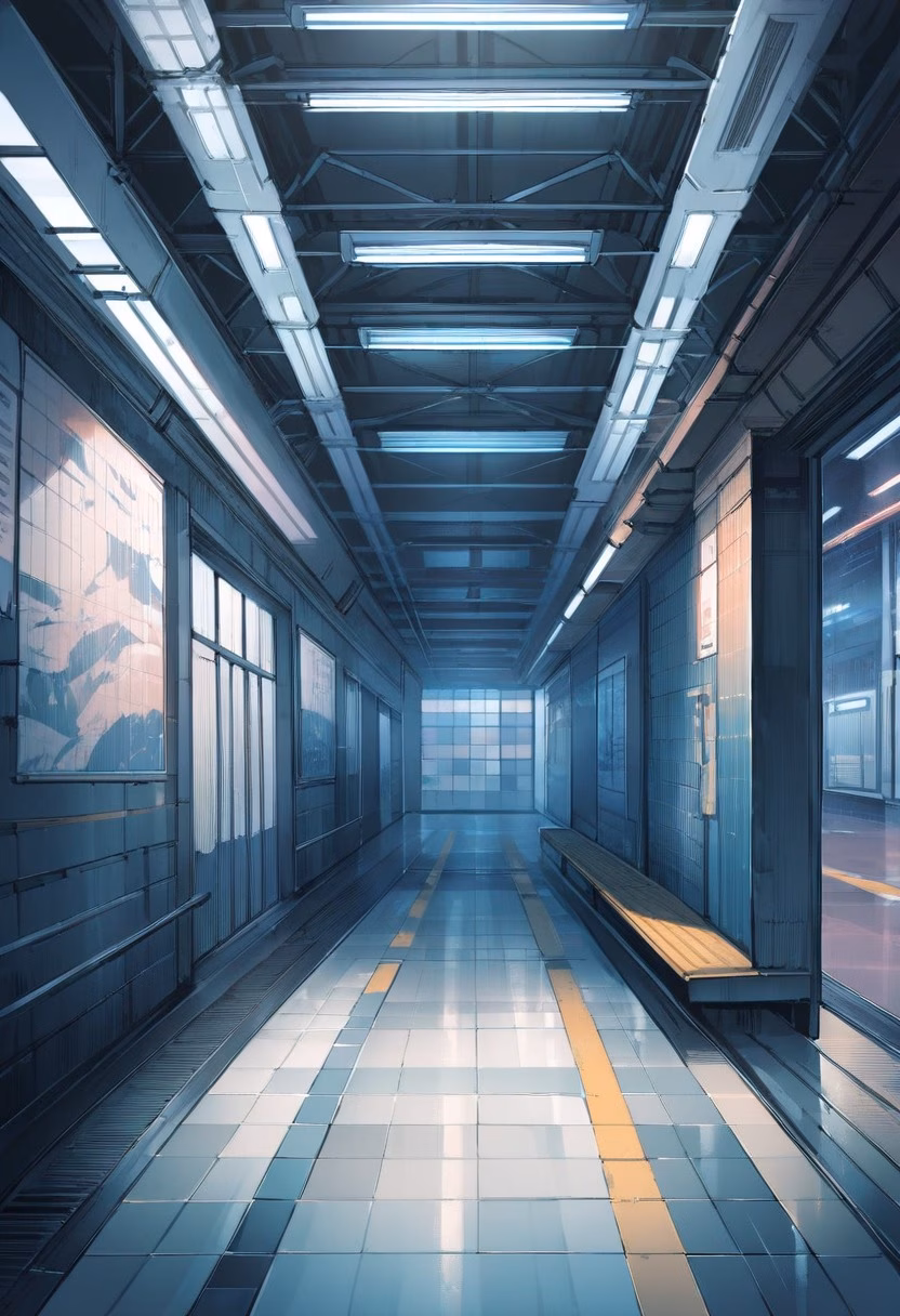 Empty Subway Platform — view 3 — subway station, empty platform, fluorescent lights, tiled walls, urban solitude, detailed tile pattern, masterpiece, hig