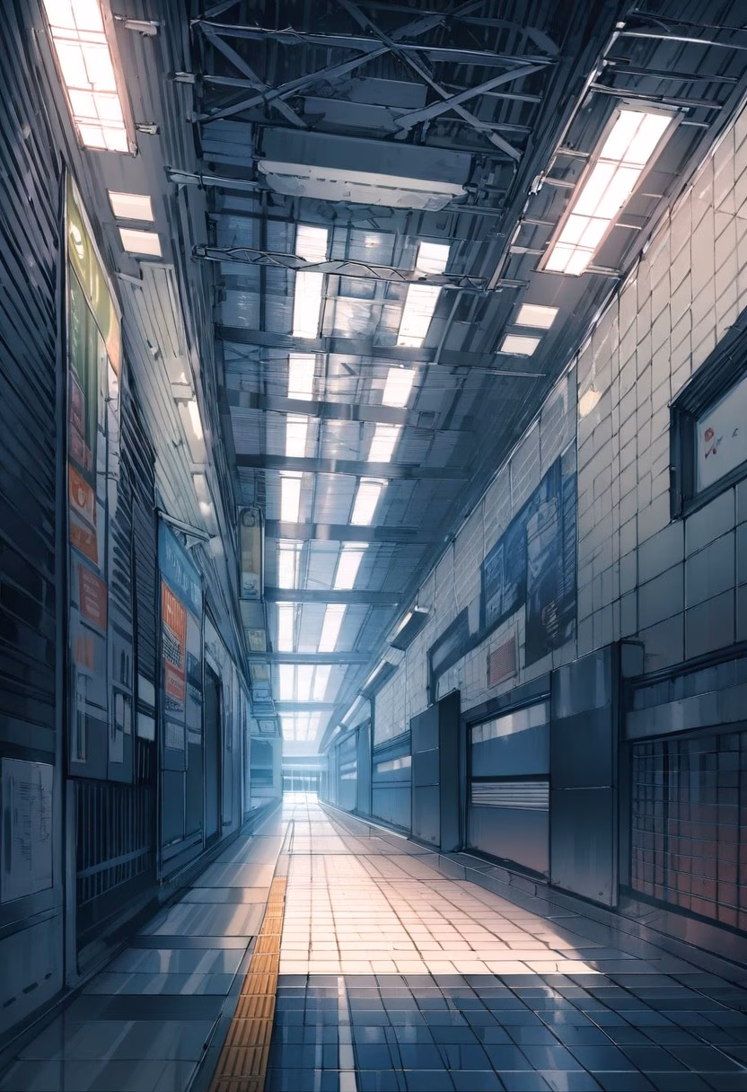 Empty Subway Platform — view 4 — subway station, empty platform, fluorescent lights, tiled walls, urban solitude, detailed tile pattern, masterpiece, hig