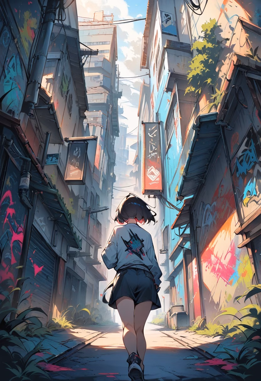 Colorful Graffiti Alley — view 2 — graffiti alley, colorful street art, urban decay, warm afternoon light, detailed spray paint texture, masterpiece, high 