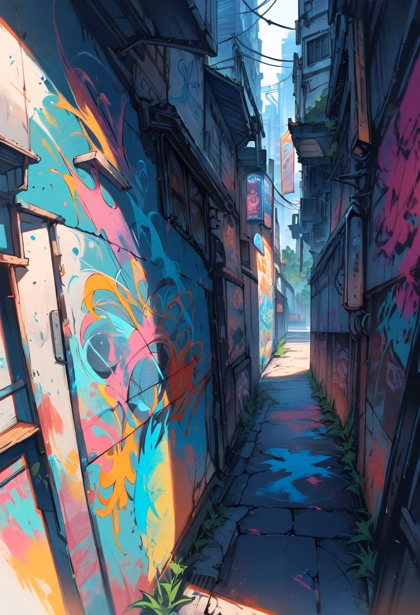 Colorful Graffiti Alley — view 3 — graffiti alley, colorful street art, urban decay, warm afternoon light, detailed spray paint texture, masterpiece, high 