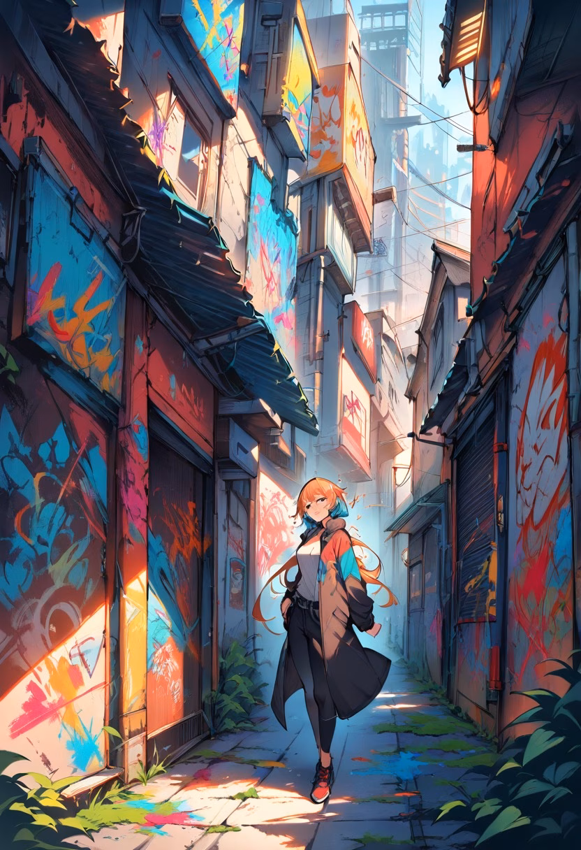 Colorful Graffiti Alley — view 4 — graffiti alley, colorful street art, urban decay, warm afternoon light, detailed spray paint texture, masterpiece, high 